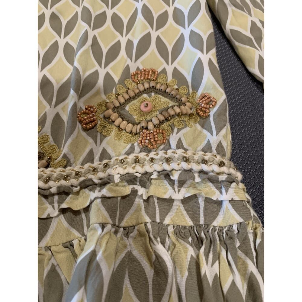Skemo Boho Embroidered Beaded Peasant Tunic Dress Gray/Yellow M - Picture 5 of 11